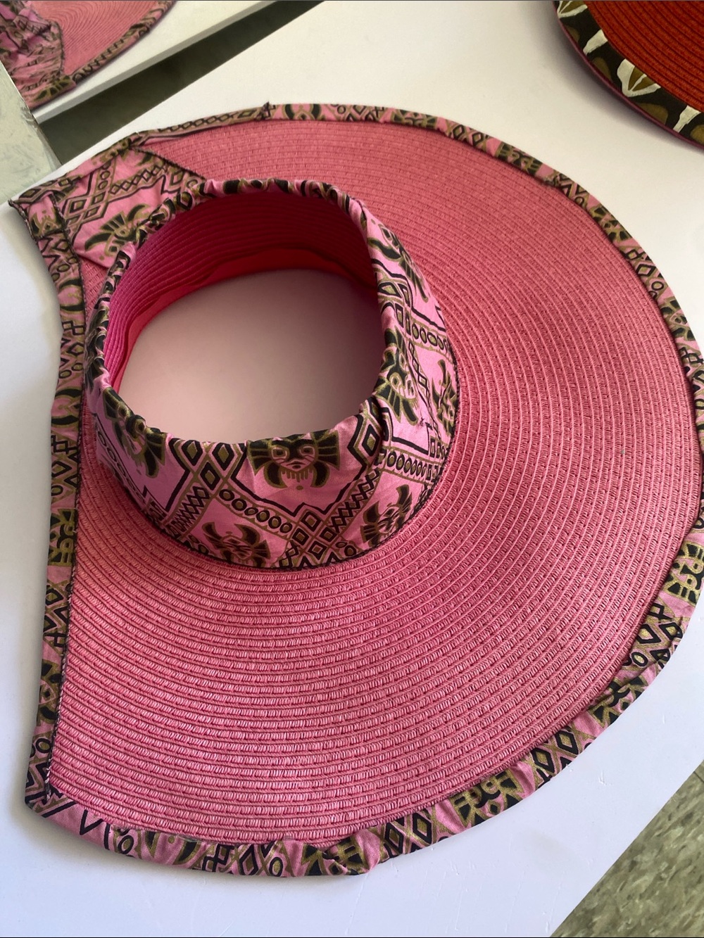 One of a kind hand craftedWide Brim Pink Sun Hat with Patterned Trim